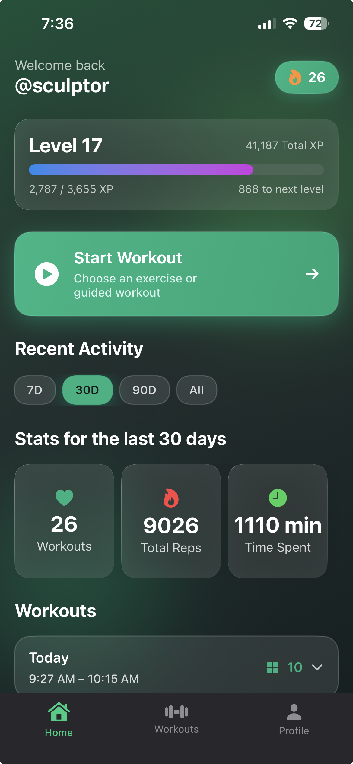 Sculptor app showing workout logging with level progression and statistics